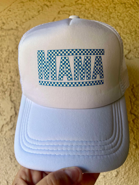 Whtie w Blue MAMA Trucker Hat